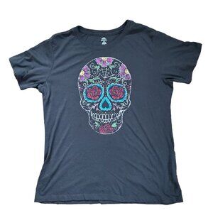 Sugar Skull GraphicT-shirt Blue, Green, Purple and Gold Women's Large